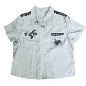 Vintage Safari Shirt Button Up Linen Blouse Animal Print Rhinestone Cabin Creek